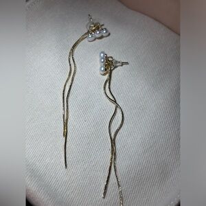 925 Sterling Silver Faux Pearl Dangling Gold Earrings